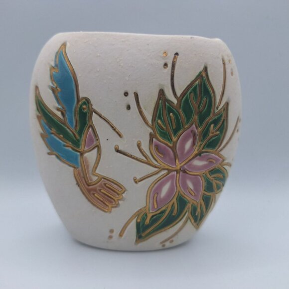 Hummingbird Pottery Vase Small Flower Gold Glaze Signed Art Hummer USA Nix Fly - Picture 7 of 7